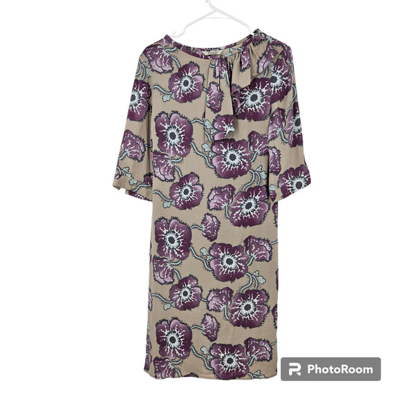 Tucker Dresses & Skirts - Tucker Shift Dress Purple Tan Floral Print Silk Ruffled Half Sleeve Midi Size S